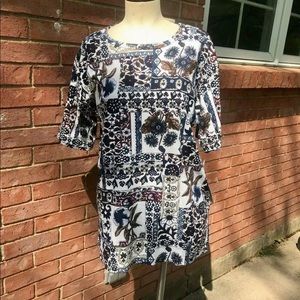Vintage Bobbie Brooks Floral Print Short Sleeve Rib Textured Tunic Top